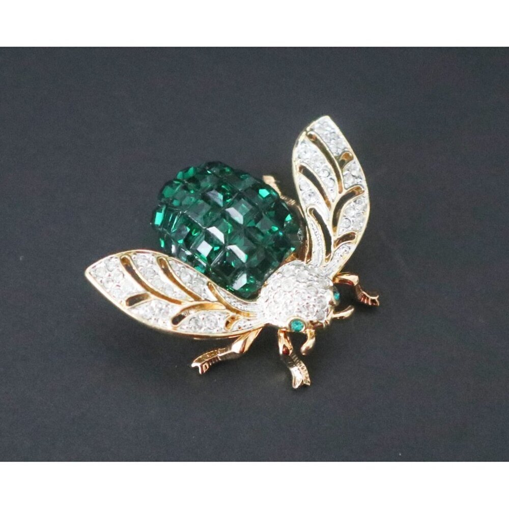 Vintage Brooch Pin Crystal Green Rhinestones Bumble Bee Insect Gift